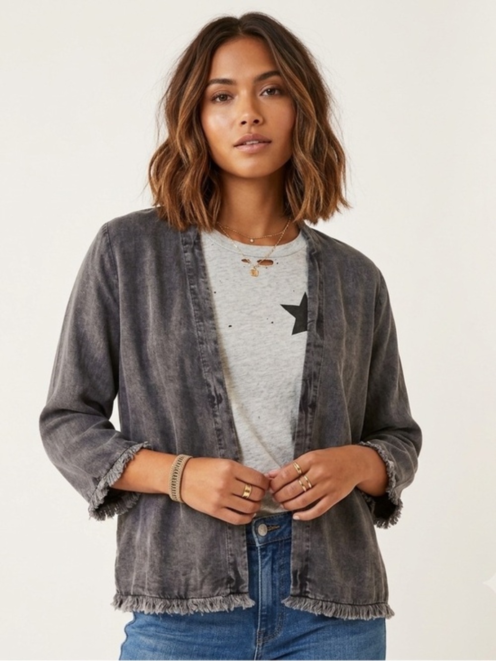 NWT Womens Chaser Kimono Flax Wash Size S Small Boho Fringe Open Lightweight
